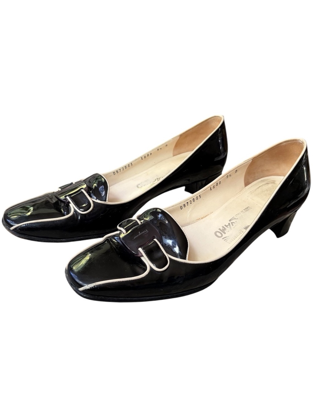Salvatore Ferragamo Black Patent Leather w/Contrast Piping Block Heels, sz 9.5B